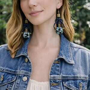 Deep Teal Celtic Knot Leather Earrings with Lampwork Glass Bead